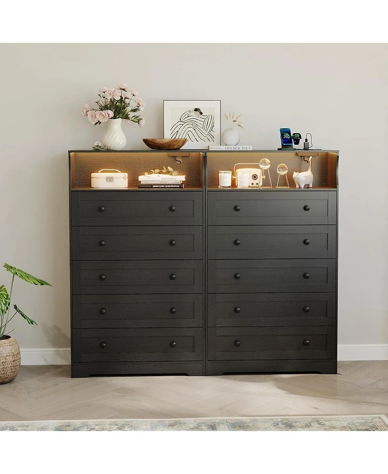 gaomon Modern Drawer Dresser for Bedroom, Tall Wooden Chest of Drawers with Open Shelf, Led Lights & Charging Station Dresser for Closet, Living