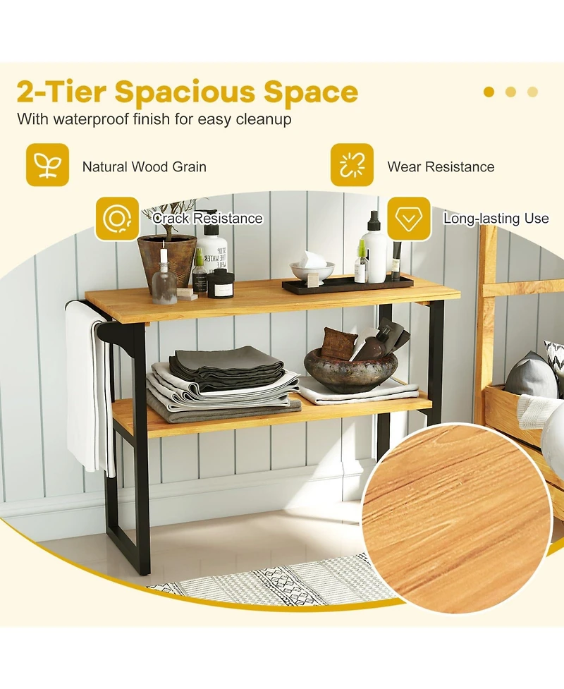 Volenca 2-Tier Solid Teak Wood Bathroom Shelf with Towel Rack