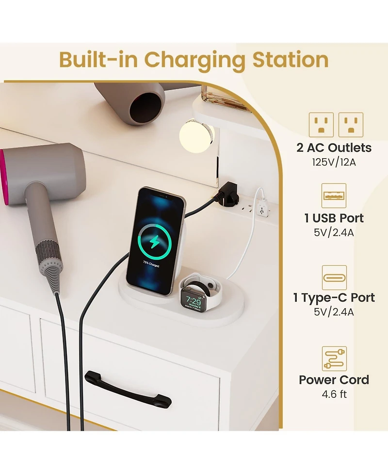 Volenca Vanity Desk and Cushioned Stool Set with Lighted Mirror and Lights, Makeup Table