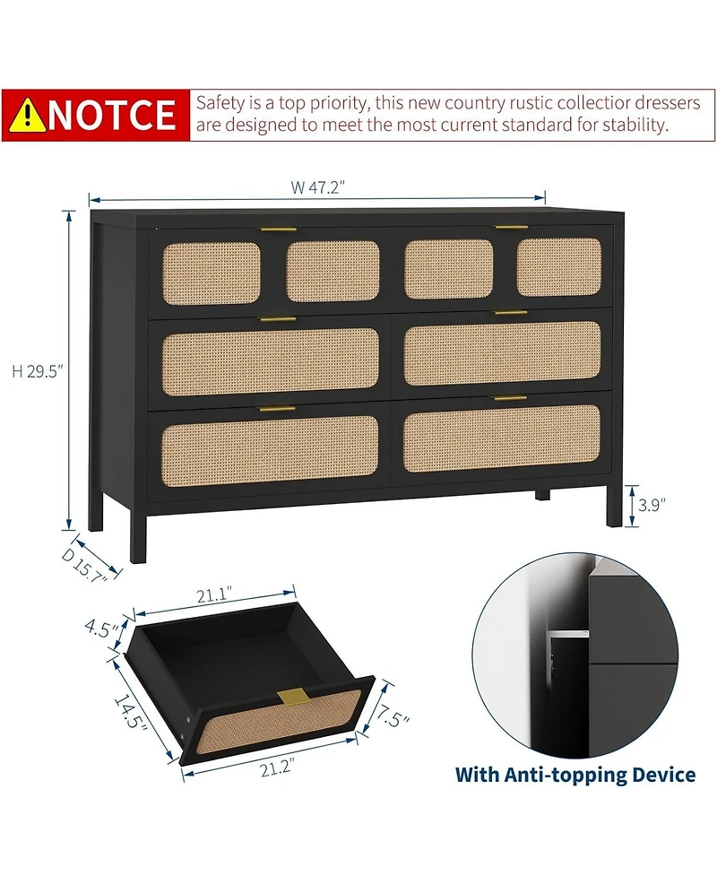 gaomon 6 Drawer Boho Rattan Dresser with Wood Legs and Metal Handles