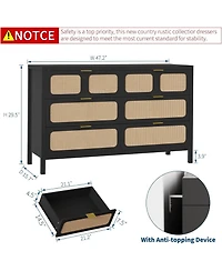 gaomon 6 Drawer Boho Rattan Dresser with Wood Legs and Metal Handles