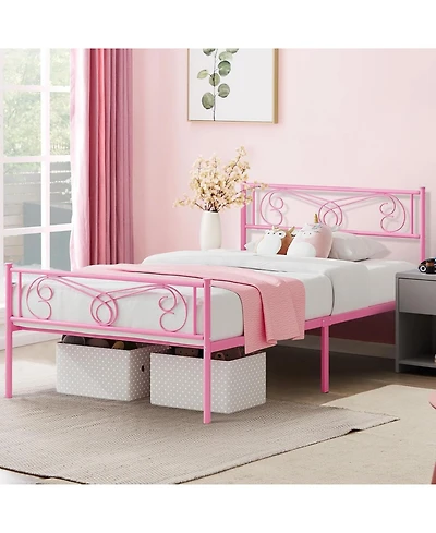 gaomon Twin Metal Platform Bed Frame with Headboard and Footboard, Steel Slat Support, Pink