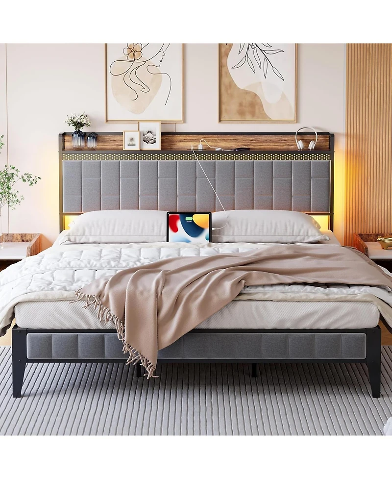 gaomon Full Led Upholstered Platform Bed Frame with Charging Station Grey
