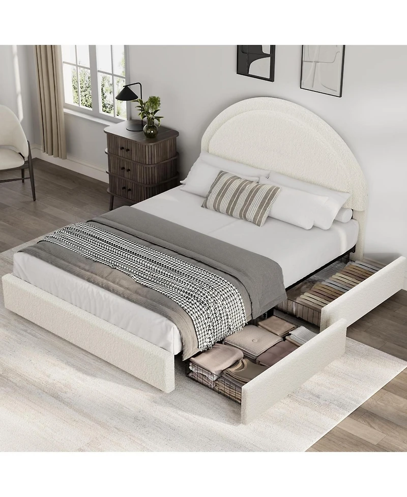 gaomon Full Bed Frame with Storage Drawers, Upholstered Boucle Platform, Round Headboard, Heavy-Duty, Noise-Free, No Box Spring