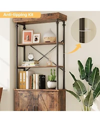 gaomon Tall Bookshelf with Doors, Industrial Freestanding Wood & Metal Bookcase, Storage Shelf Organizer for Bedroom and Living Room
