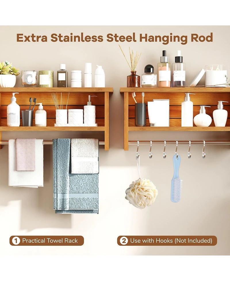 Volenca Wall-Mount 2-Tier Solid Teak Wood Bathroom Shelf with Towel Bar