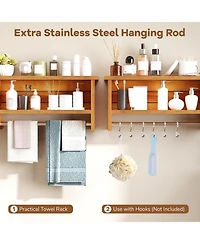 Volenca Wall-Mount 2-Tier Solid Teak Wood Bathroom Shelf with Towel Bar