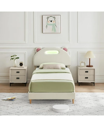 gaomon Twin Upholstered Platform Bed Frame with Led Headboard and Wooden Slats, Kids' Bed, Beige