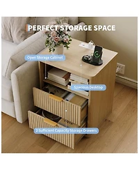 gaomon Set of 2 Natural Fluted Nightstands, 2-Drawer Bedside Table with Built-in Charging Station & Open Storage