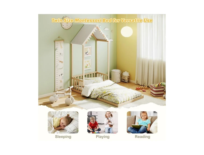 Slickblue Twin House-Shaped Bed with Roof and Semi Fence for Kids