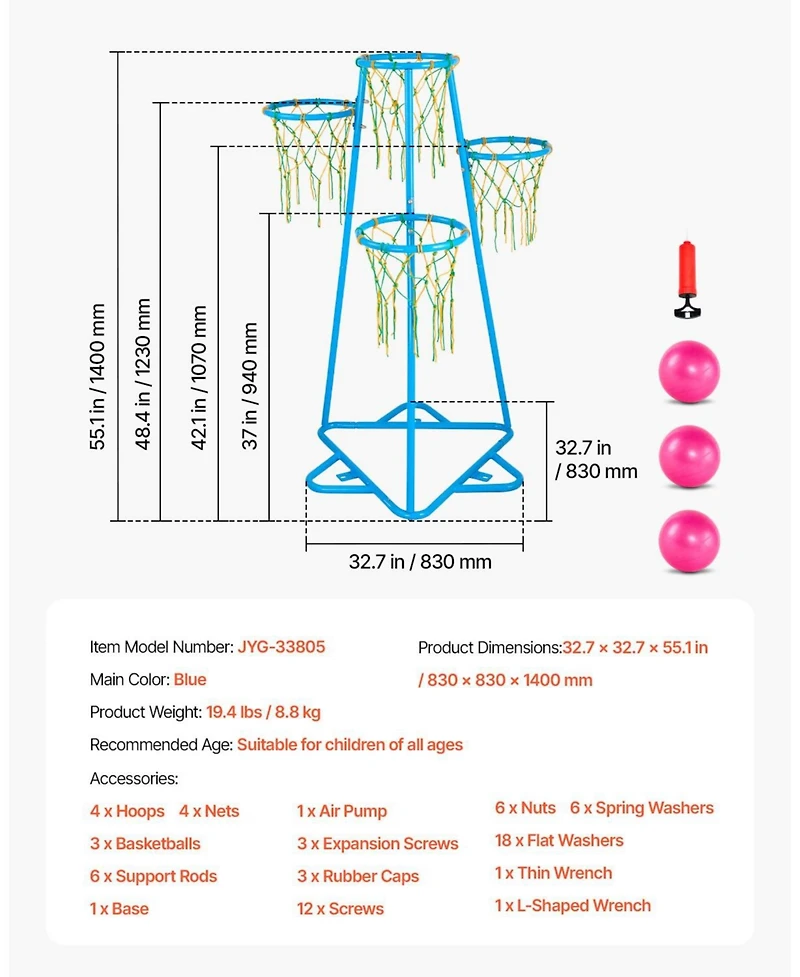 Sugift 4-Hoop Kids Basketball Set with Adjustable Height & 3 Balls