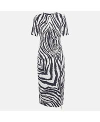 Pre-Owned Roberto Cavalli Women's White/black Printed Crepe Midi Dress
