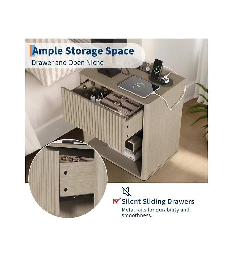 Gaomon Set of 2 Grey Oak Fluted Nightstands with Led & Charging