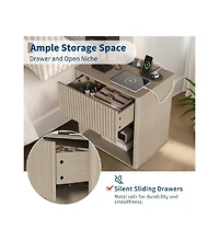 Gaomon Set of 2 Grey Oak Fluted Nightstands with Led & Charging