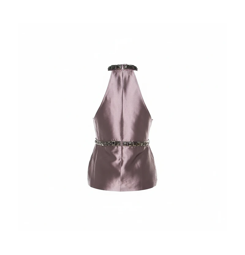 Pre-Owned Burberry Women's Metallic Purple Silk Blend Stud Embellished Halter Neck Top