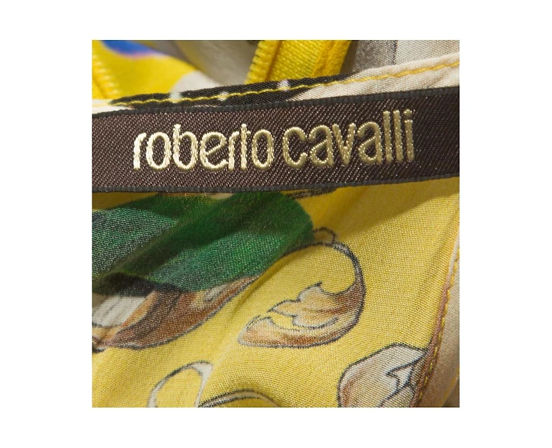 Pre-Owned Roberto Cavalli Women's Yellow Printed Silk Lace Detail Halter Top
