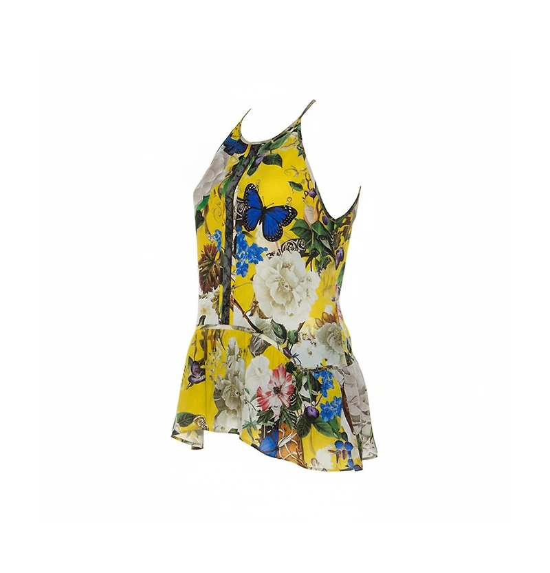 Pre-Owned Roberto Cavalli Women's Yellow Printed Silk Lace Detail Halter Top