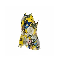 Pre-Owned Roberto Cavalli Women's Yellow Printed Silk Lace Detail Halter Top