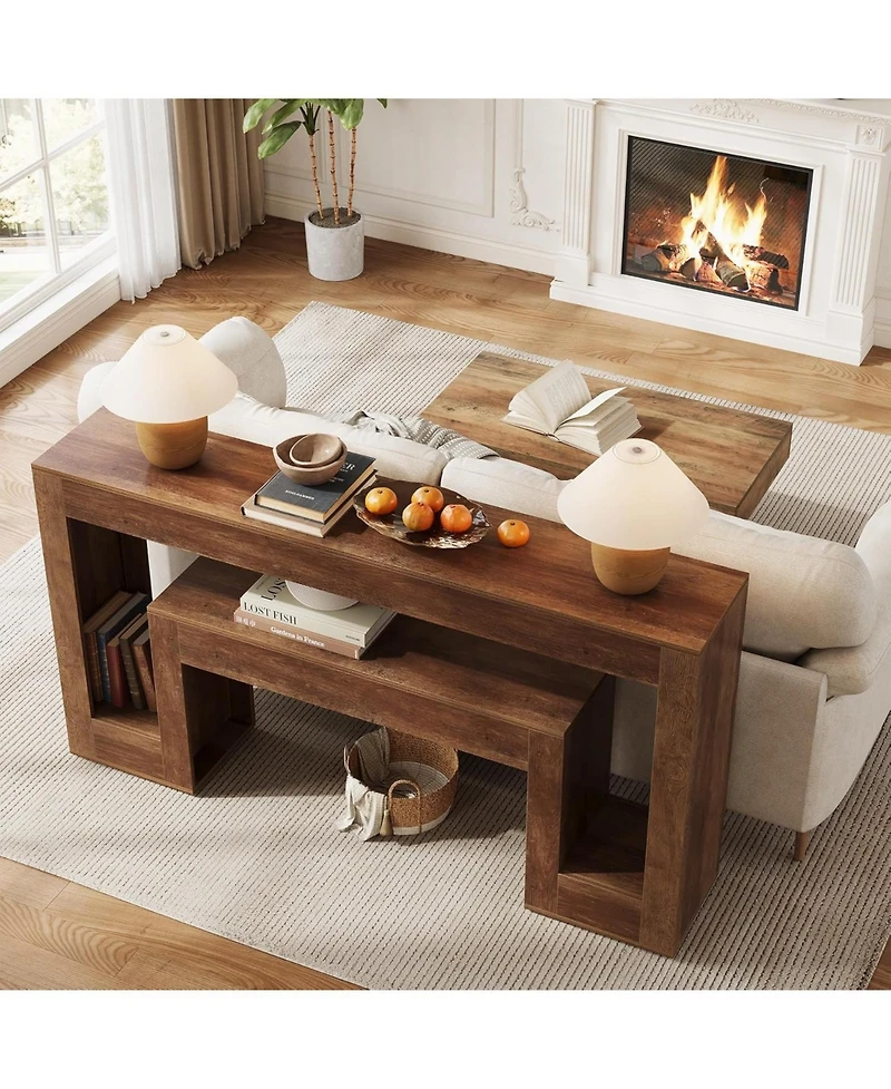 Tribesigns 63-Inch Long Console Table with 2-Tier Shelf,Wood Farmhouse Sofa Table Behind The Couch,Narrow Sofa Table, Rustic Brown