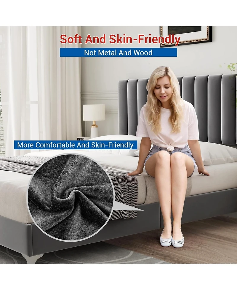 gaomon Queen Velvet Adjustable Platform Bed with Headboard, Strong Wood Slats, Noise-Free, No Box Spring, Dark Grey