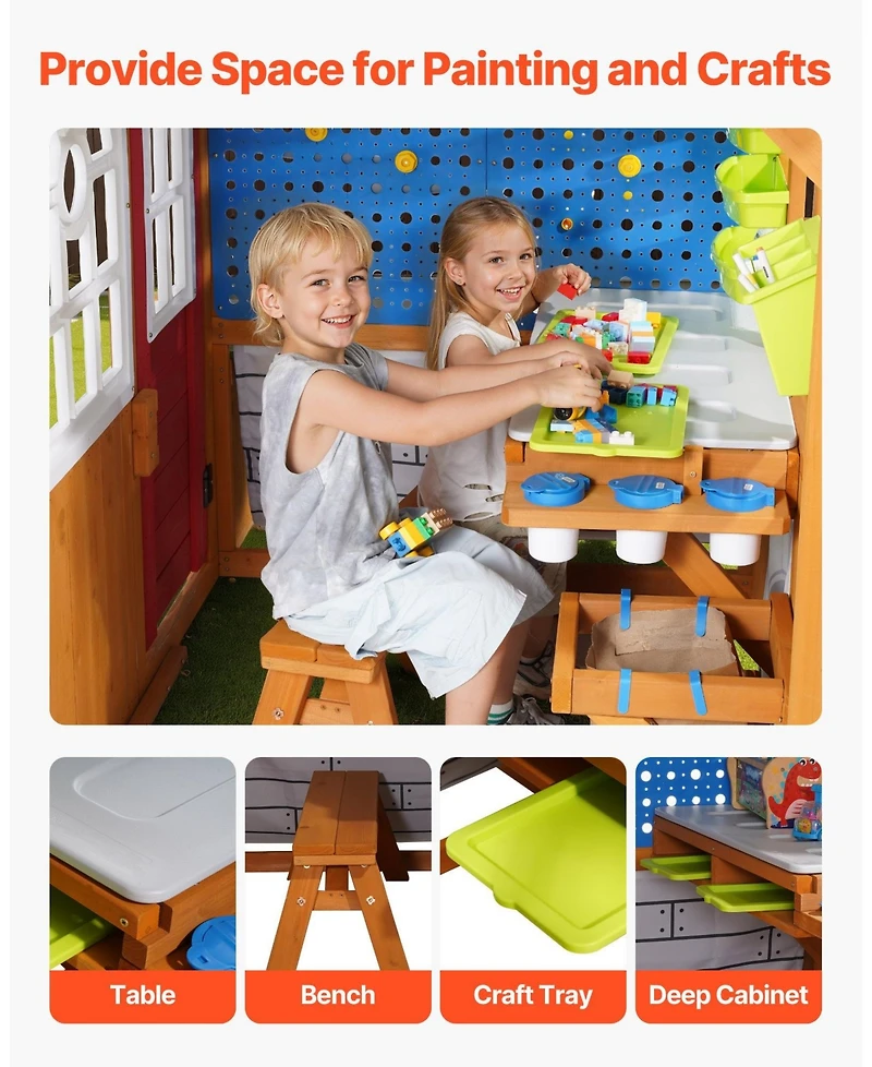 Sugift Cedar Wood Playhouse with Functional Doorbell, Windows & Storage Pockets