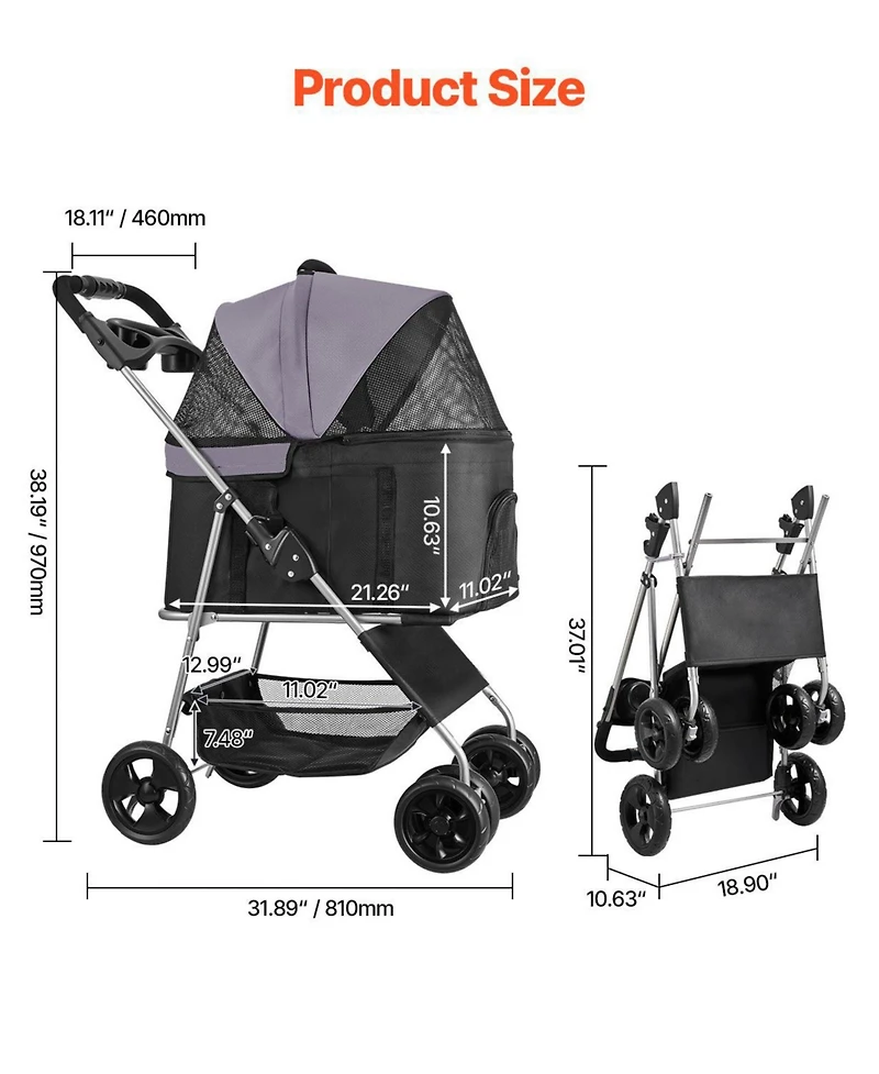 Pet Stroller 35 Lb Foldable Dog Stroller 4-Wheel with Detachable Carrier