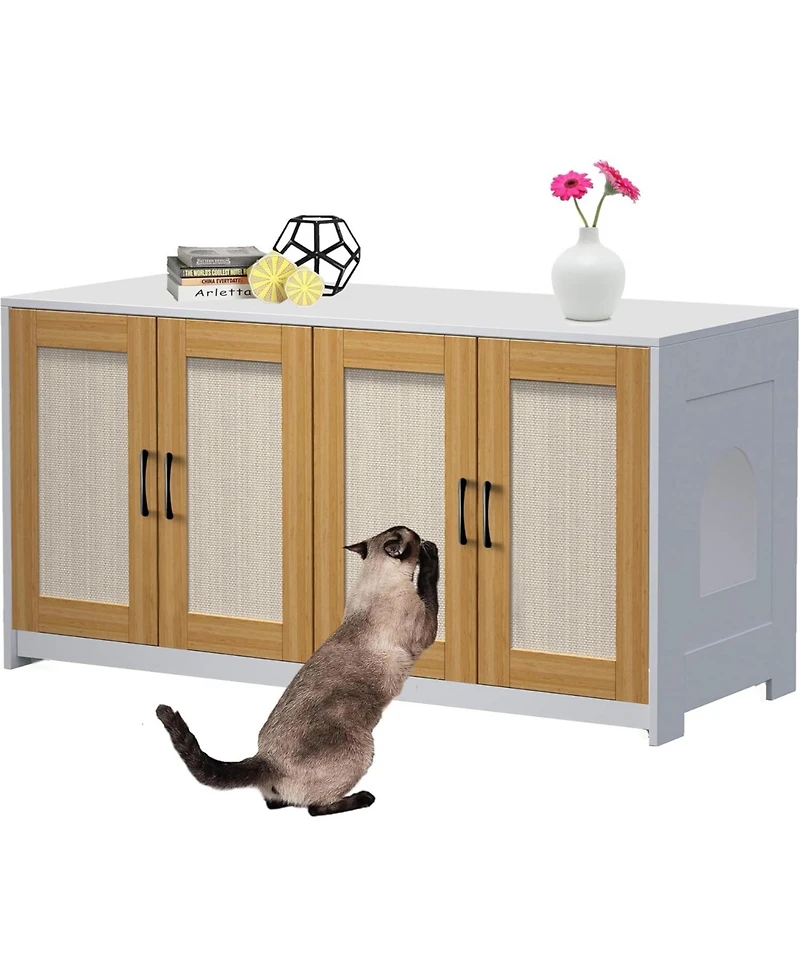 gaomon Double Litter Box Enclosure Furniture for 2 Cats | 47.2" Large Hidden Cabinet with Sisal Doors, Multi-Functional Cat Tv Stand/Side Table