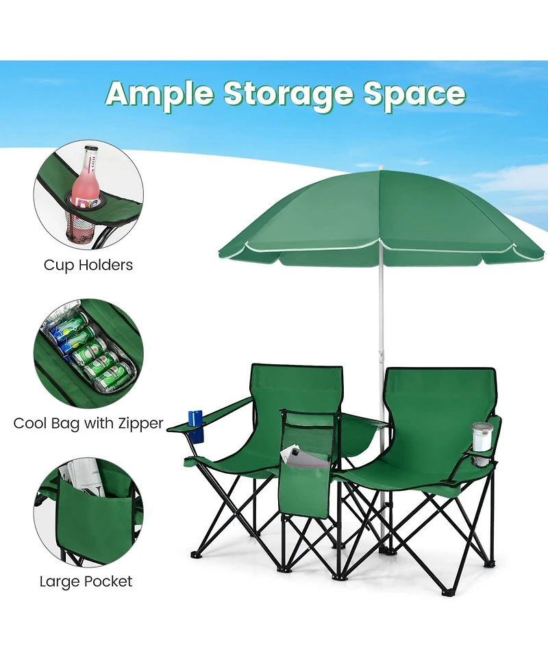 Mecale Portable Folding Double Picnic Chair with Umbrella, Outdoor Seating