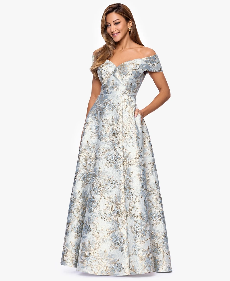 Xscape Petite Off-The-Shoulder Metallic Jacquard Gown