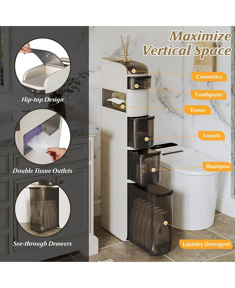 Volenca Narrow 6-Tier Bathroom Cabinet with Drawers and Built-In Tissue Box