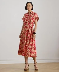 Lauren Ralph Lauren Womens Floral Belted Spread Collar Dress