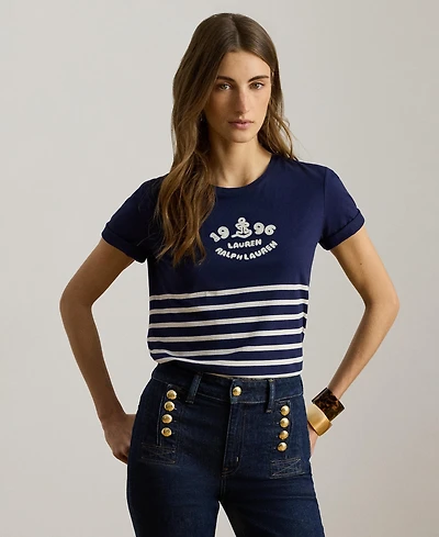 Lauren Ralph Women's Striped Embroidered Logo Crewneck T-Shirt