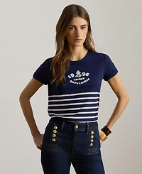 Lauren Ralph Women's Striped Embroidered Logo Crewneck T-Shirt