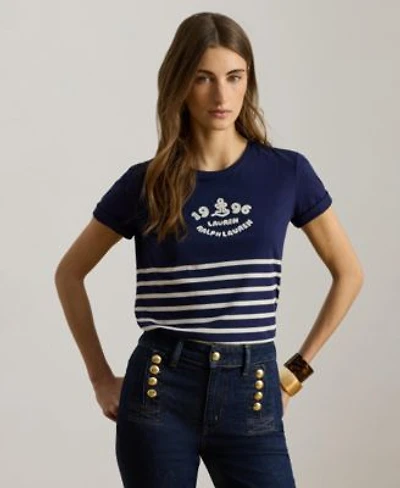 Lauren Ralph Lauren Womens Striped Embroidered Logo Crewneck T Shirt