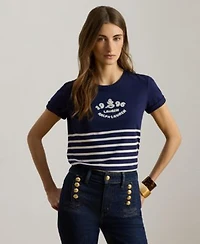 Lauren Ralph Lauren Womens Striped Embroidered Logo Crewneck T Shirt