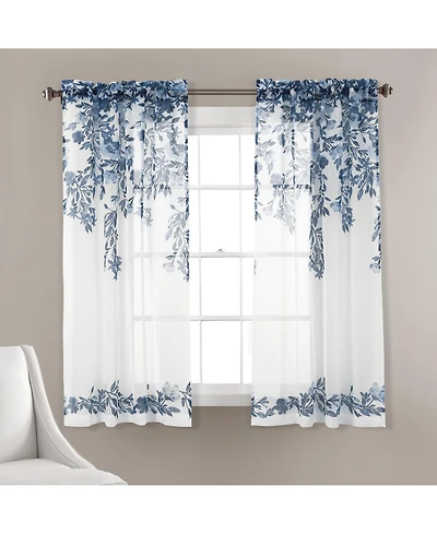 Lush Decor Tanisha Sheer Window Curtain Panels 38"W x 63"L Navy & White - Floral Curtains for Living Room - Sheer Curtains for Bedroom