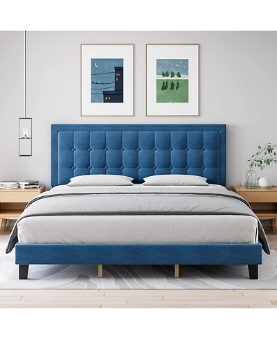 gaomon Platform Bed Frame with Upholstered Button Tufted Headboard, Metal Framework, Wood Slats Support