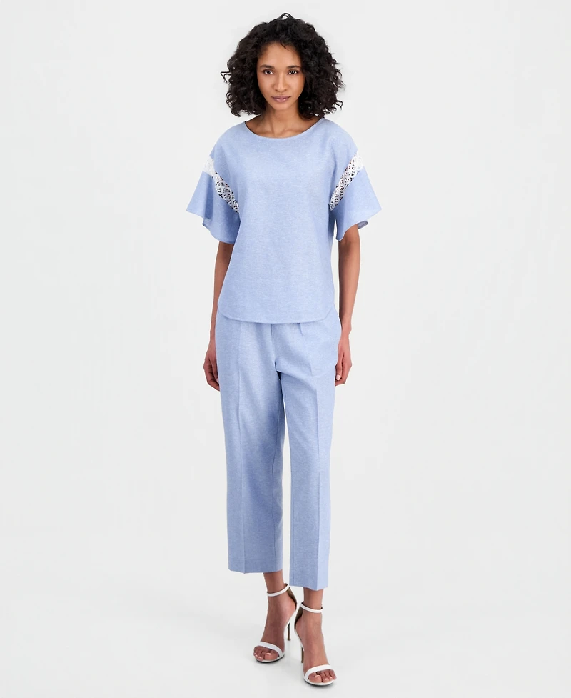 Anne Klein Women's Linen-Blend Flutter-Sleeve Lace-Trim Top