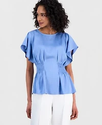 Anne Klein Womens Flutter Sleeve Smocked Waist Top