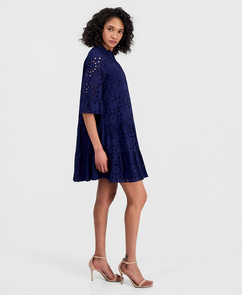 Anne Klein Women's Eyelet Embroidered Cotton Flare-Sleeve Shirtdress