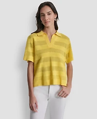Dkny Women's Sheer Striped Collared Short-Sleeve Polo Shirt