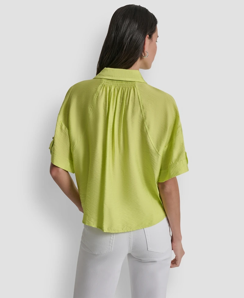 Dkny Women's Collared Neck Short Roll Tab Sleeve Shirt