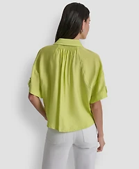 Dkny Women's Collared Neck Short Roll Tab Sleeve Shirt