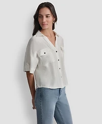 Dkny Women's Collared Neck Short Roll Tab Sleeve Shirt