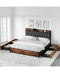 gaomon King Bed Frame with Storage Linen Upholstered Headboard, 4 Storage Drawers