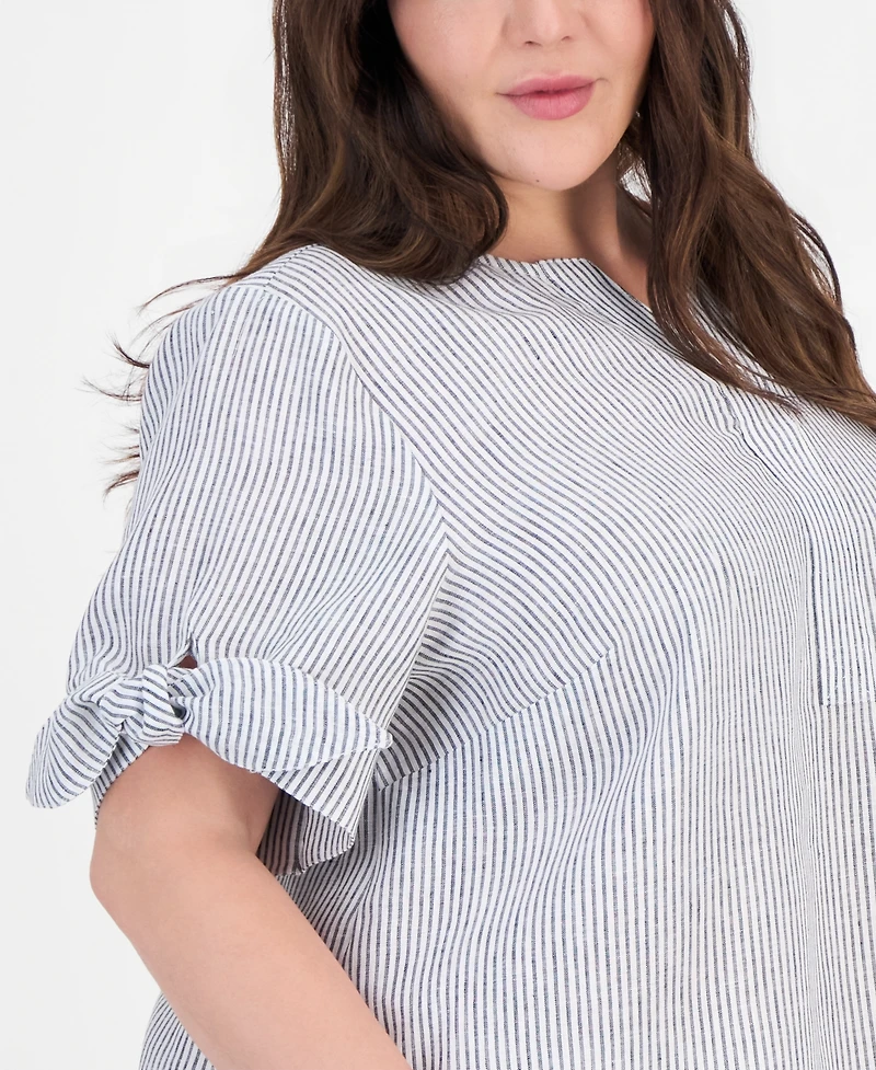 Charter Club Plus Beach Stripe Tie-Sleeve Linen Blouse, Macy's Exclusive