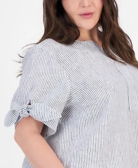 Charter Club Plus Beach Stripe Tie-Sleeve Linen Blouse, Macy's Exclusive