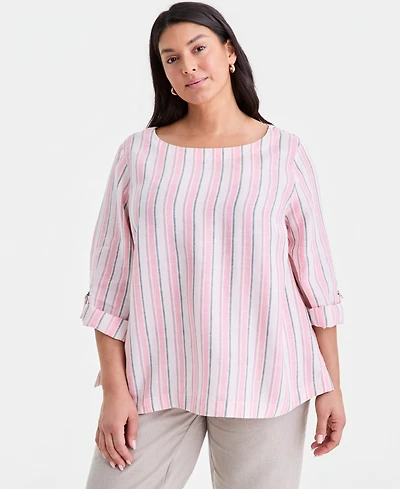 Charter Club Plus Linen Multi-Stripe Roll-Tab-Sleeve Top, Macy's Exclusive