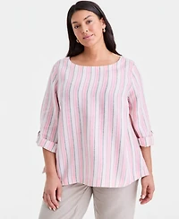 Charter Club Plus Linen Multi-Stripe Roll-Tab-Sleeve Top, Macy's Exclusive