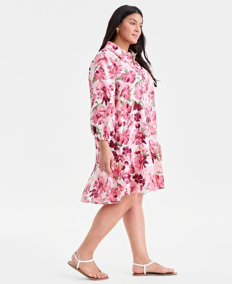 Charter Club Plus Linen Floral-Print Flounce Shirtdress, Macy's Exclusive